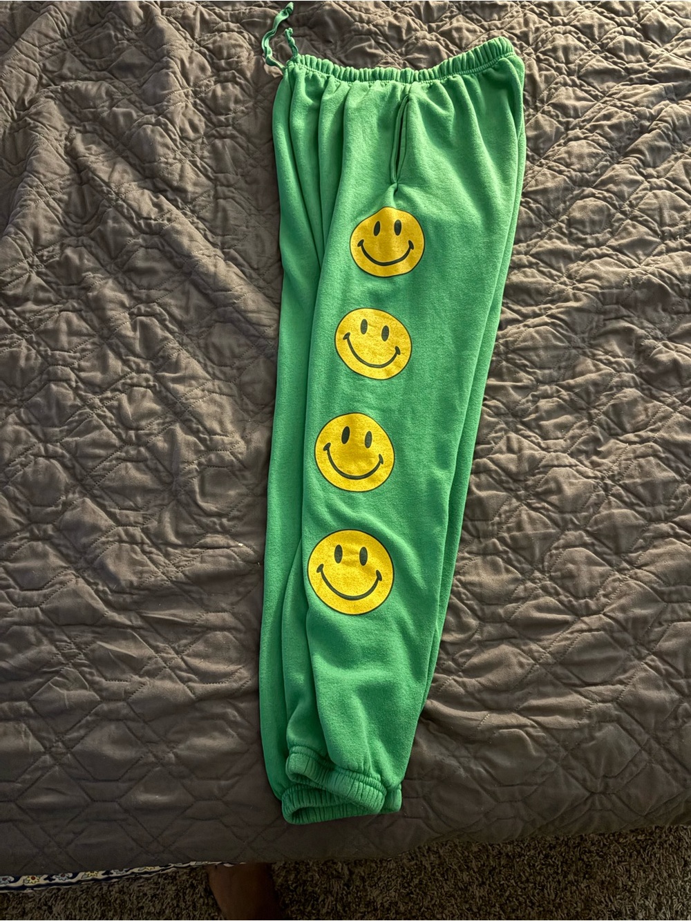 Aviator Nation Green Track Pants with Yellow Smiley Patches